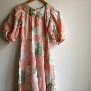 70s Vintage Pink Floral Maxi Dress Small Puff Sleeve